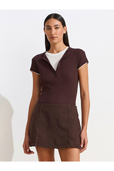 Dilvin 72018 Parçaboya Denim Şort Etek-Kahve