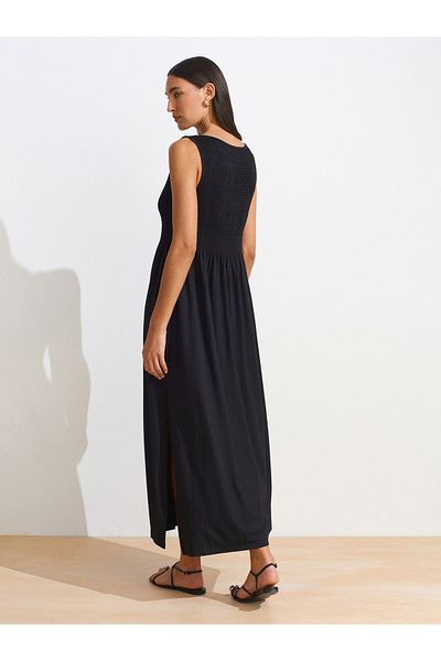 Dilvin 91465 Boat Neck Midi Dress-Black