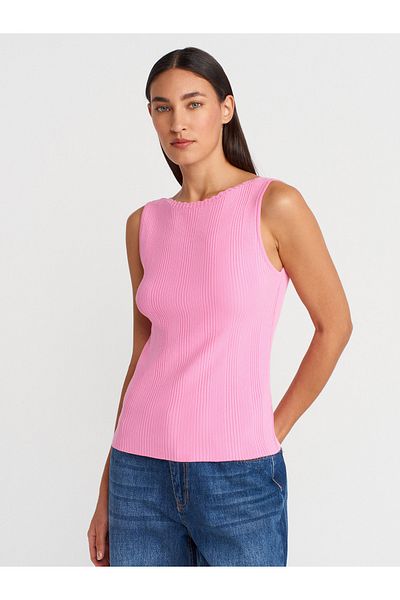 Dilvin 10764 Boat Neck Ribbed Knitwear Blouse-Dark Pink