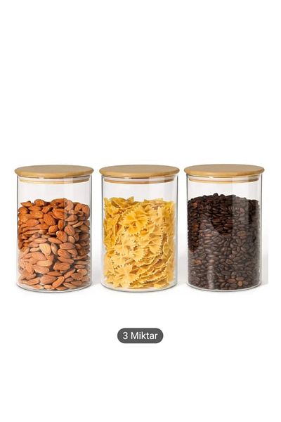 Noah Exclusive 1000 Cc (Set of 3) Borosilicate Glass Spice Jar - with Bamboo Lid - Storage Container - (9 cm X 14 cm)