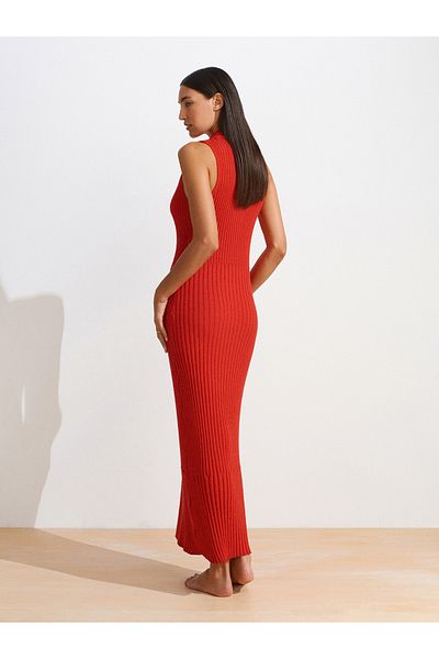 Dilvin 90249 V Polo Neck Ribbed Knitwear Dress-Red
