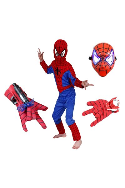 Depox Set costum Spiderman, două lansatoare și mască LED din plastic, roșu, 100-110 cm, 3-5 ani