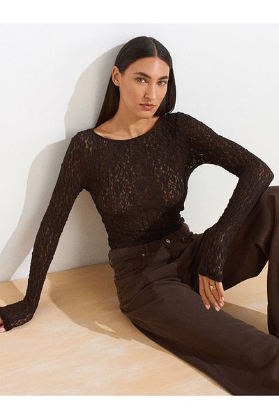 Dilvin 31312 Boat Neck Lace Top-Dark Brown