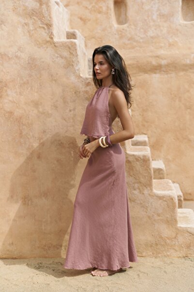 BOHEMAİ Malmvira Light Burgundy Linen Crop Skirt Suit