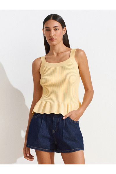 Dilvin 10775 Square Neck Strap Ruffle Knitwear Blouse-Yellow
