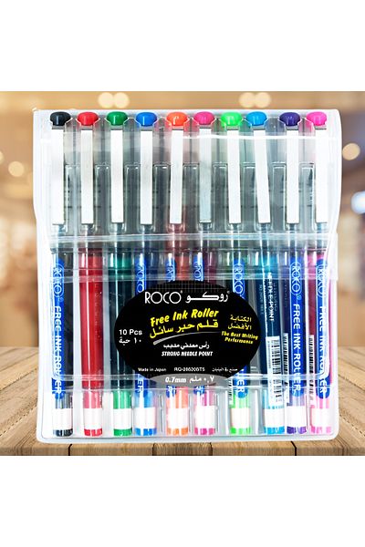 Roco Free Ink Roller Pens – 0.7 mm Needle Tip, Assorted Ink Colors, Pack of 10