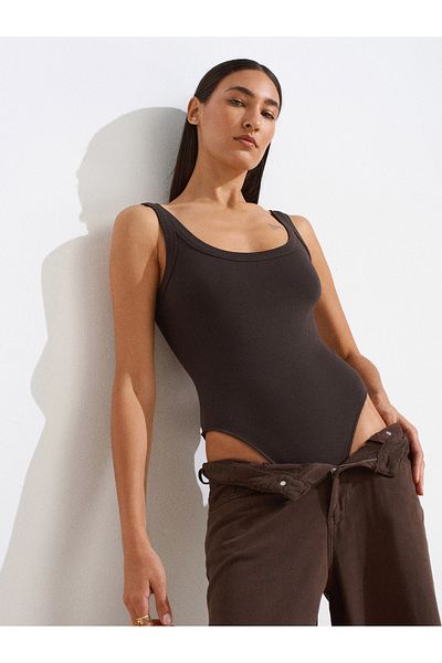 Dilvin 21053 Strap Bodysuit-Dark Brown