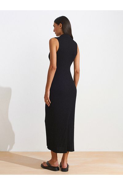 Dilvin 90249 V Polo Neck Ribbed Knitwear Dress-Black