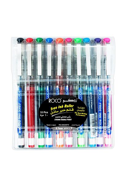 Roco Free Ink Roller Pens – 0.7 mm Needle Tip, Assorted Ink Colors, Pack of 10