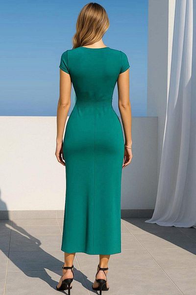 Mossta Short Sleeve Buckle Detailed Midi Sandy Dress - Green
