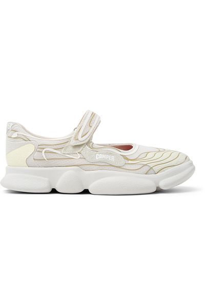 CAMPER Women's White Textured Hook And Loop Loafers, Adjustable Strap, Soft Sole, Chic Karst
