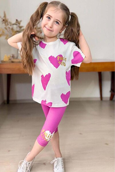 Riccotarz Girl's Capri Purple Leggings Set with Heart Pattern and Paris Text Printed on Top