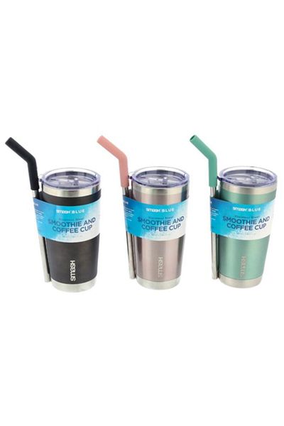 Generic كوب سموثي وقهوة من الفولاذ المقاوم للصدأ مع ماصة بألوان متنوعة 550 مل 5841