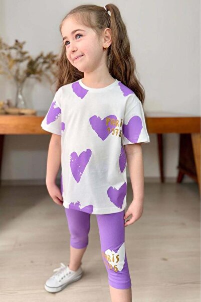 Riccotarz Girl's Capri Lilac Leggings Set with Heart Pattern and Paris Text Printed on Top