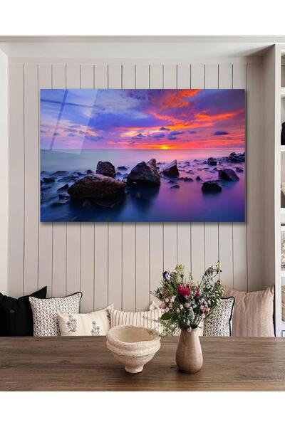idealizbiz Pictură din sticlă de mare la apus de soare, decor de perete pentr...