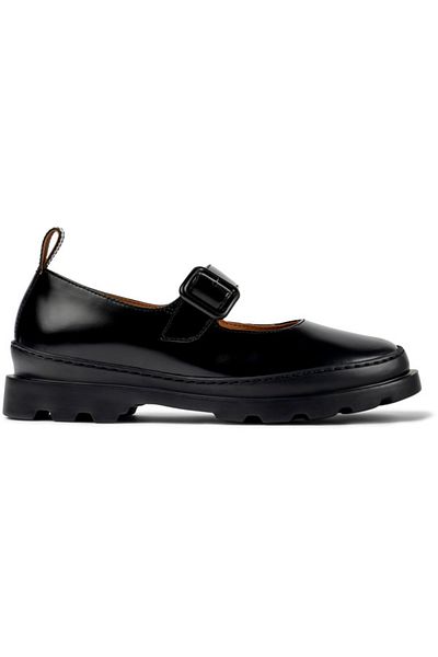 CAMPER Women's Shiny Black Genuine Leather Hook And Loop Band Detail Classic Chic Brutus Flats