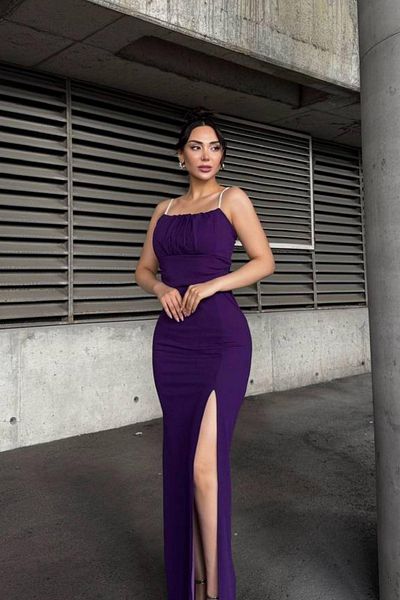 Mossta Draped Slit Detailed Evening Dress - Purple