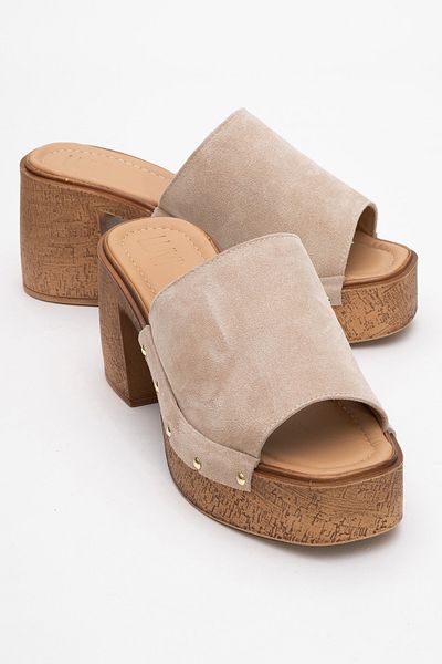 LuviShoes PULL Papuci de damă cu toc cu platformă din piele naturală din piele intoarsa bej