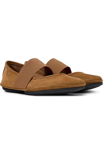 CAMPER Women's Nubuck Brown Ballerina Shoes Hook And Loop Rubber Sole Soft Leather Right