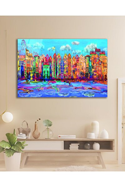 idealizbiz Pictură pe sticlă de clădiri colorate, decor de perete pentru cado...