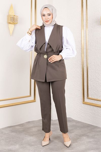 Tesettür Dünyası Button Detailed Elastic Waist Vest Suit Tsd250190 Mink