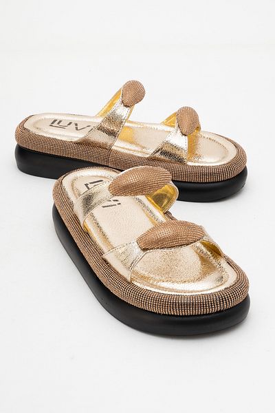 LuviShoes Papuci de damă FINERY cu talpă groasă cu cataramă din piatră aurie