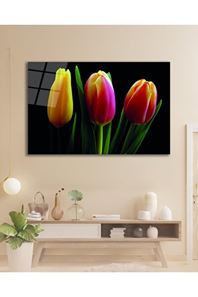 idealizbiz Tablou din sticlă cu flori de lalele, decor de perete pentru cadou pentru biroul de acasă