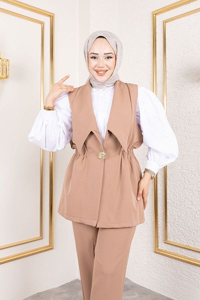 Tesettür Dünyası Button Detailed Elastic Waist Vest Suit Tsd250190 Camel