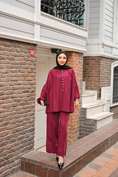 LOCCO Women's Front Button Detailed Double Suit Claret Red