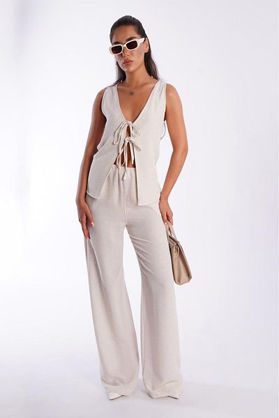 Madmext Natural Tie Front Vest Trousers Women's Suit Mg2403