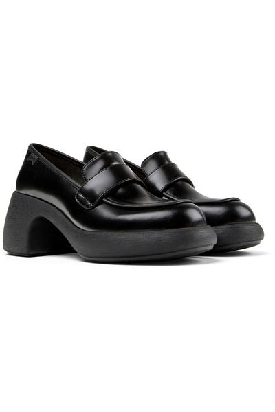 CAMPER Women's Shimmering Black Genuine Leather Thick Heel Shoes Soft Sole Strap Detail Thelma