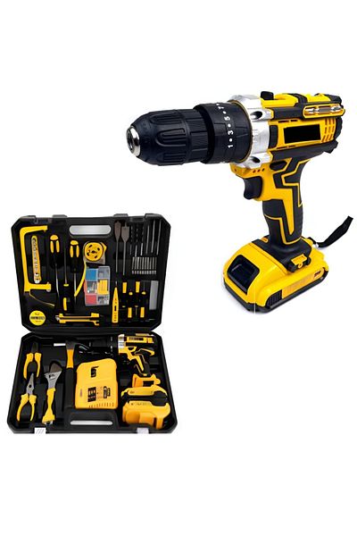 TodayShop Complete Toolkit with Yellow Electric Drill, 2 Batteries, Charging Station, Handsaw, and Multiple Ac