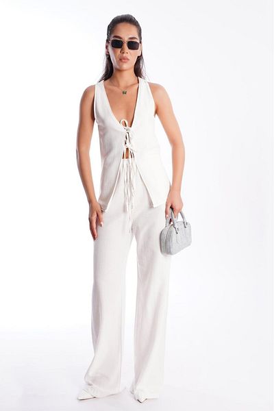 Madmext Ecru Front Tie Vest Trousers Women's Suit Mg2403