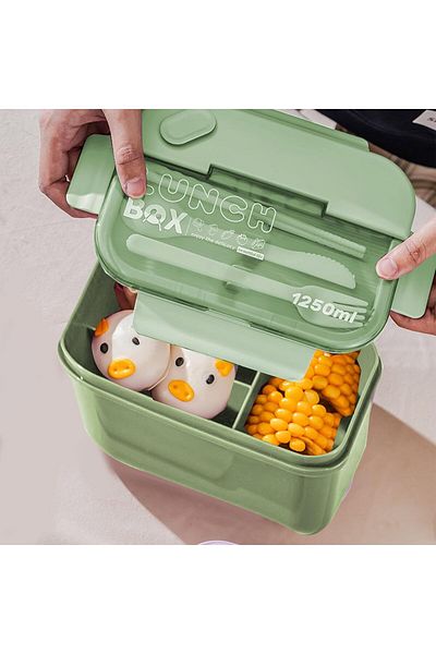 COOYA Green Lunch Box, 1250 Ml, With Cutlery and 2 Compartments, Leakproof, For Picnics, School