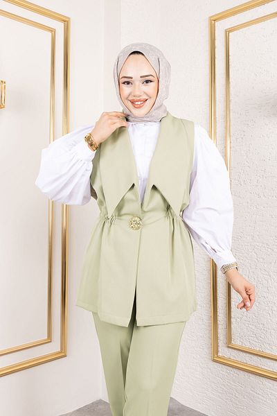 Tesettür Dünyası Button Detailed Elastic Waist Vest Suit Tsd250190 Green