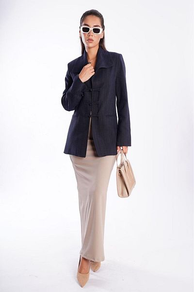 Madmext Navy Blue Tie Detail Blazer Women's Jacket Mg2482