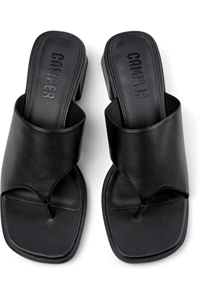 CAMPER Women's Stylish Black Square Toe Leather Heeled Sandals With Hook And Loop Comfortable Kora