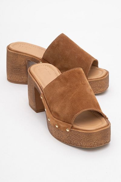 LuviShoes Pull Tan Suede Genuine Leather Women's Platform Heeled Slippers