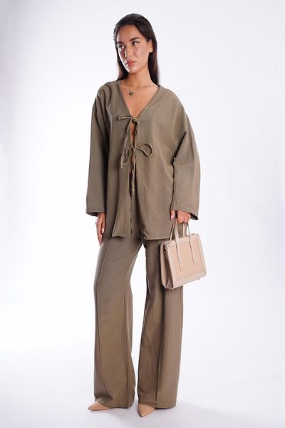 Madmext Khaki Front Tie Bottom Top Set Mg2423