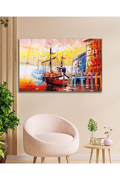 idealizbiz Tablou abstract peisaj marin și navă din sticlă, decor de perete p...