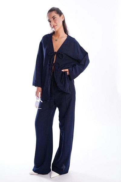 Madmext Navy Blue Tie Front Bottom Top Set Mg2423