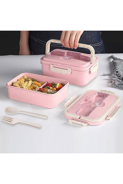 COOYA Pink Lunch Box, 3 Compartments, Portable, With Cutlery, Microwaveable, Suitable for Children Aged 6+