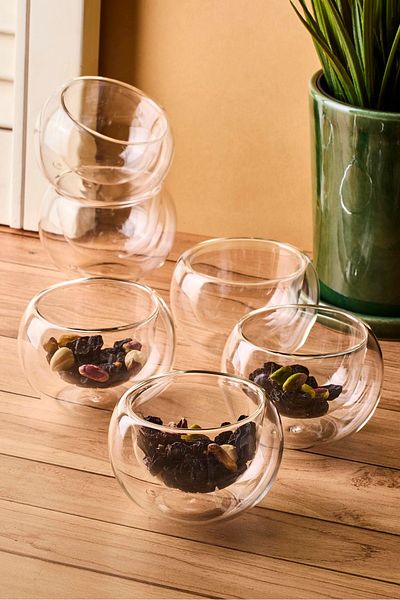 Perotti Bowy 6-Piece Double-Walled Glass Sauce Bowl, Jam Bowl, Dragee Bowl, Turkish Delight Bowl, 6.1X3.5 cm