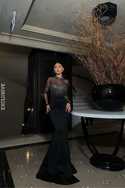 Mossta Tulle Detailed Stone Embroidered Long Evening Dress - Black