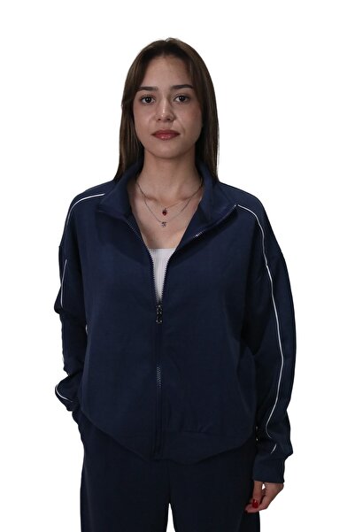 Shinzone Kadın Modal Kumaş Kontrast Detaylı Rahat Kalıp Lacivert Ceket Hırka