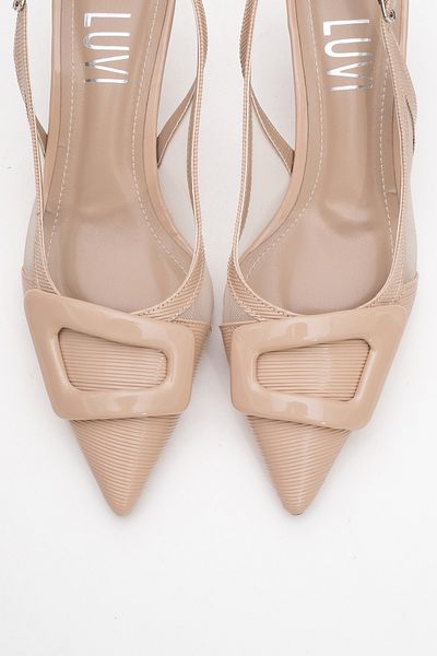 LuviShoes FOLEY Bej închis din piele lacuită cu dungi pentru femei, cu vârf ascuțit, cu toc subțire