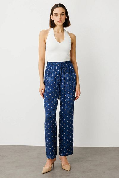 Ekol Elastic Waist Patterned Trousers Navy Blue