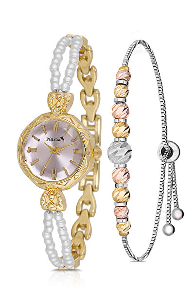 Polo Air İki inci Taşlı Görünümlü Kordon Kadın Kol Saati Dorika Bileklik Komb...