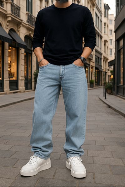 Pobudo Baggy Ice Blue Color Relaxed Fit Men's Jeans Trousers