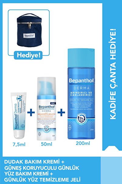 Bepanthol Spf Yüz Bakım Kremi 50ml Temizleme Jeli 200ml Dudak Kremi 7.5ml Kadife Çanta